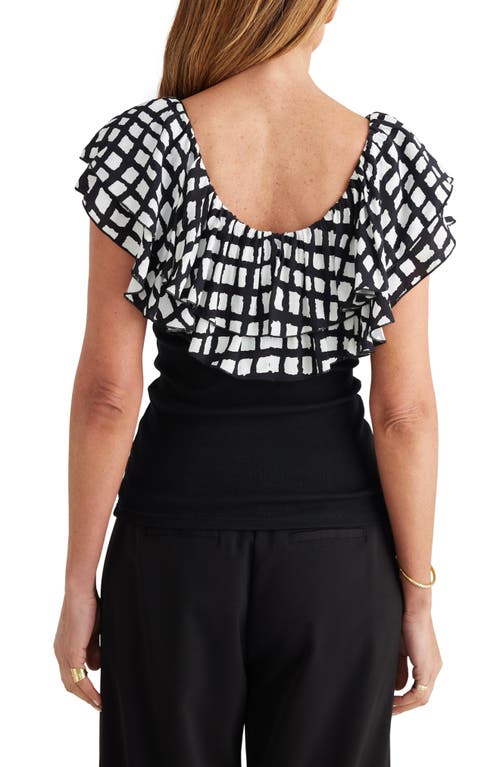 Brave + True Callie Windowpane Print Double Ruffle Mixed Media Top In White
