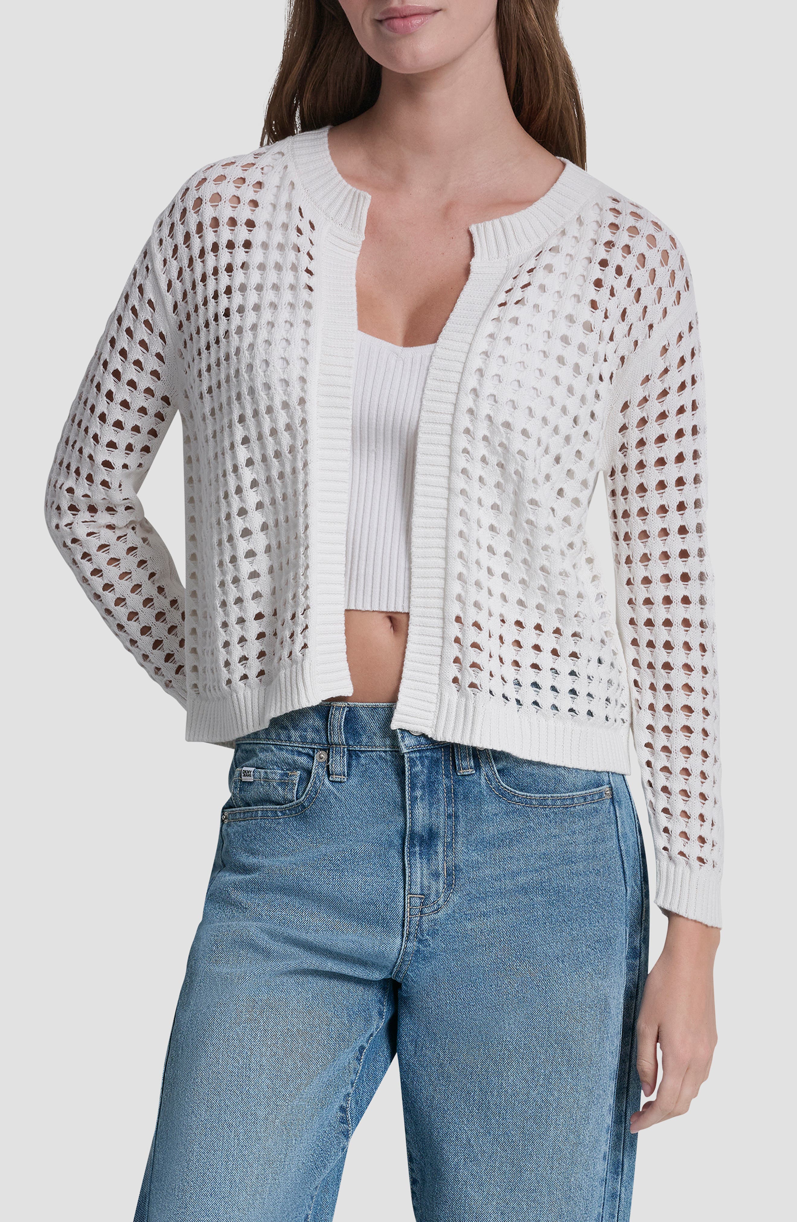 Dkny Jeans Open Stitch Cotton Cardigan In Ivory