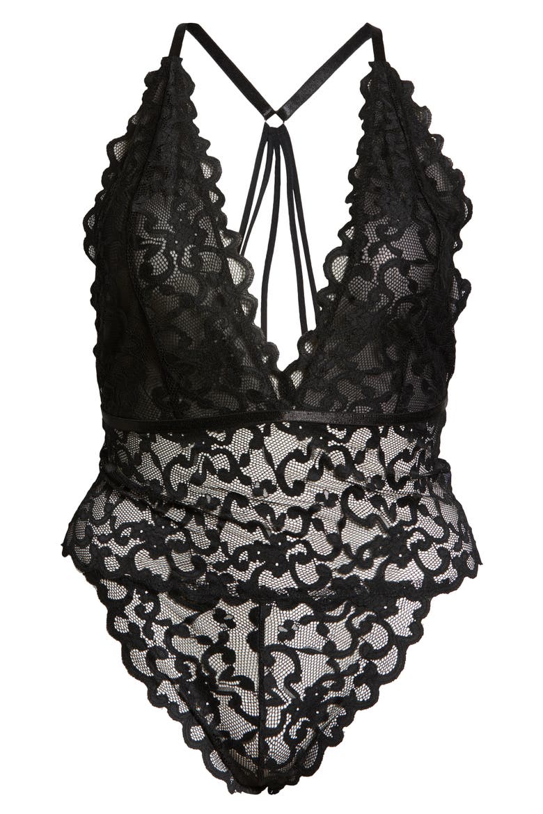Jeana Plunge High Leg Galloon Lace Bodysuit, Alternate, color, BLACK