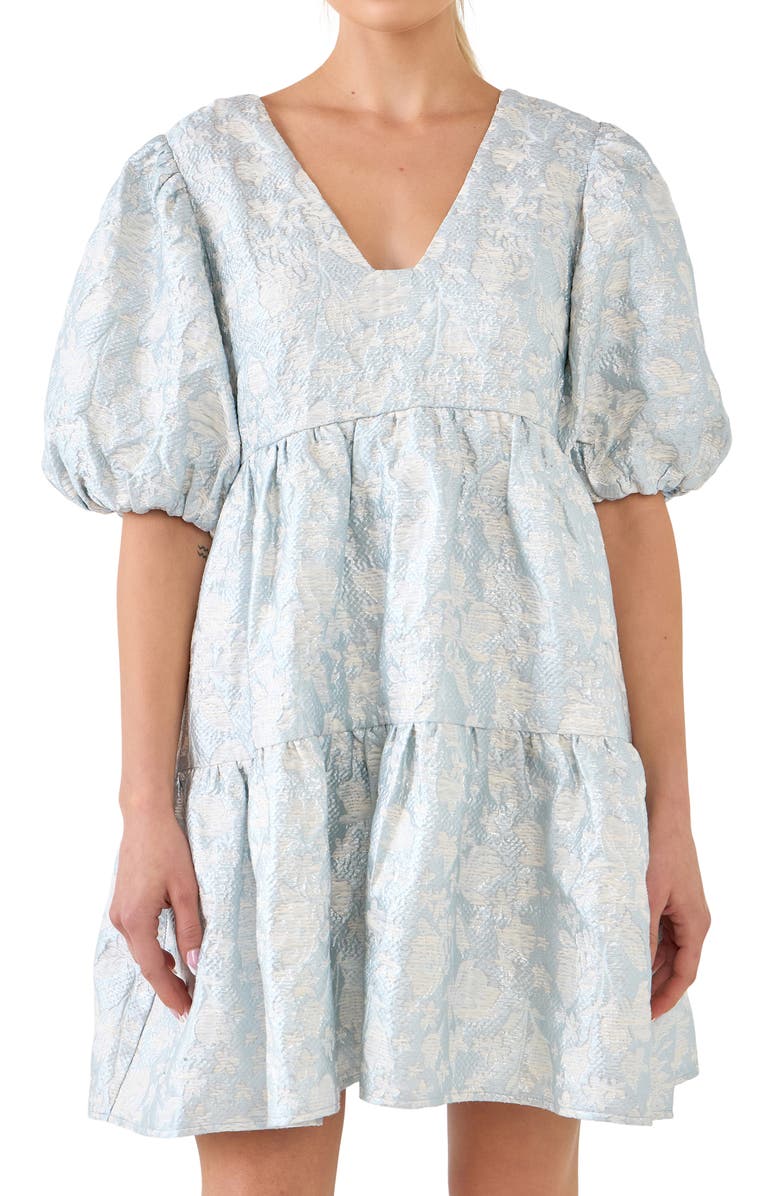 Endless Rose Floral Jacquard Puff Sleeve Dress, Alternate, color, Blue