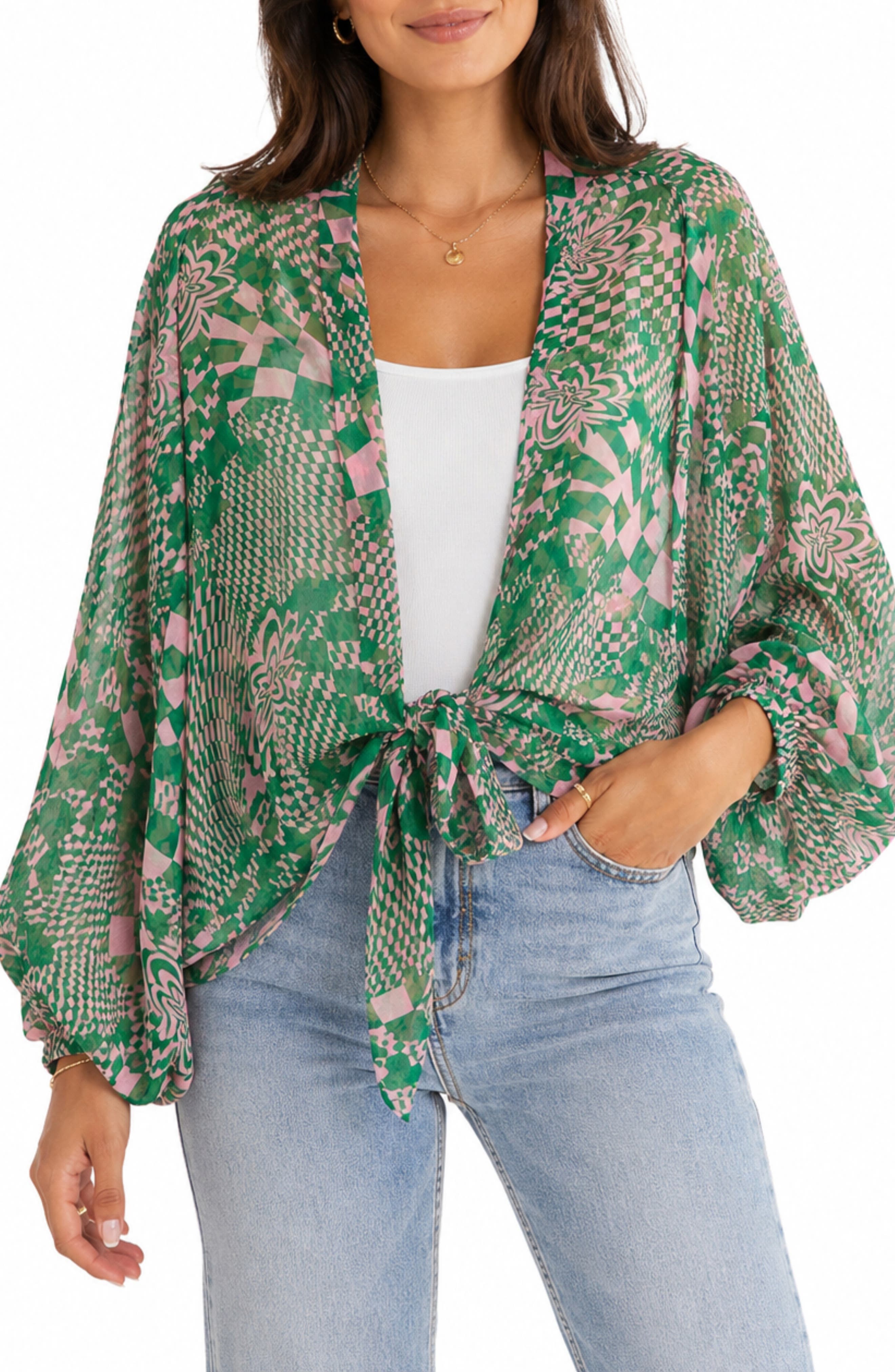 Geometric Floral Sheer Tie Front Short Duster
