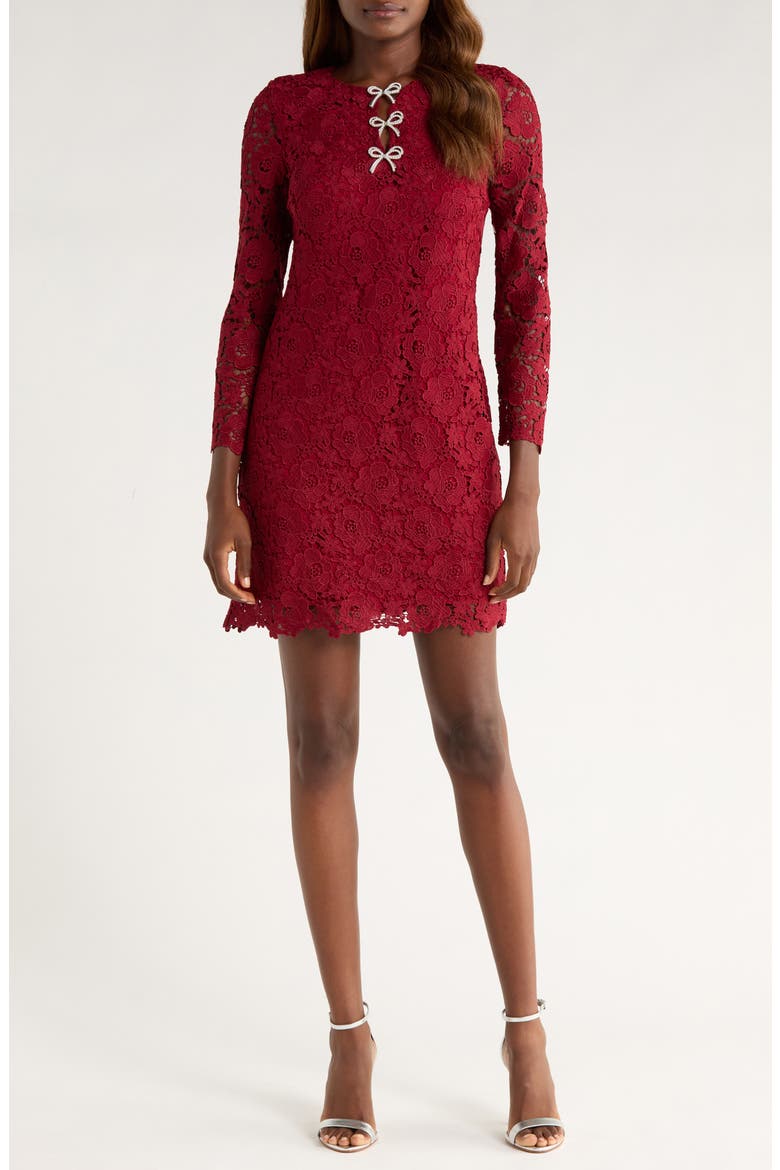 Bow Trim Lace Sheath Dress, Main, color, MULBERRY RED