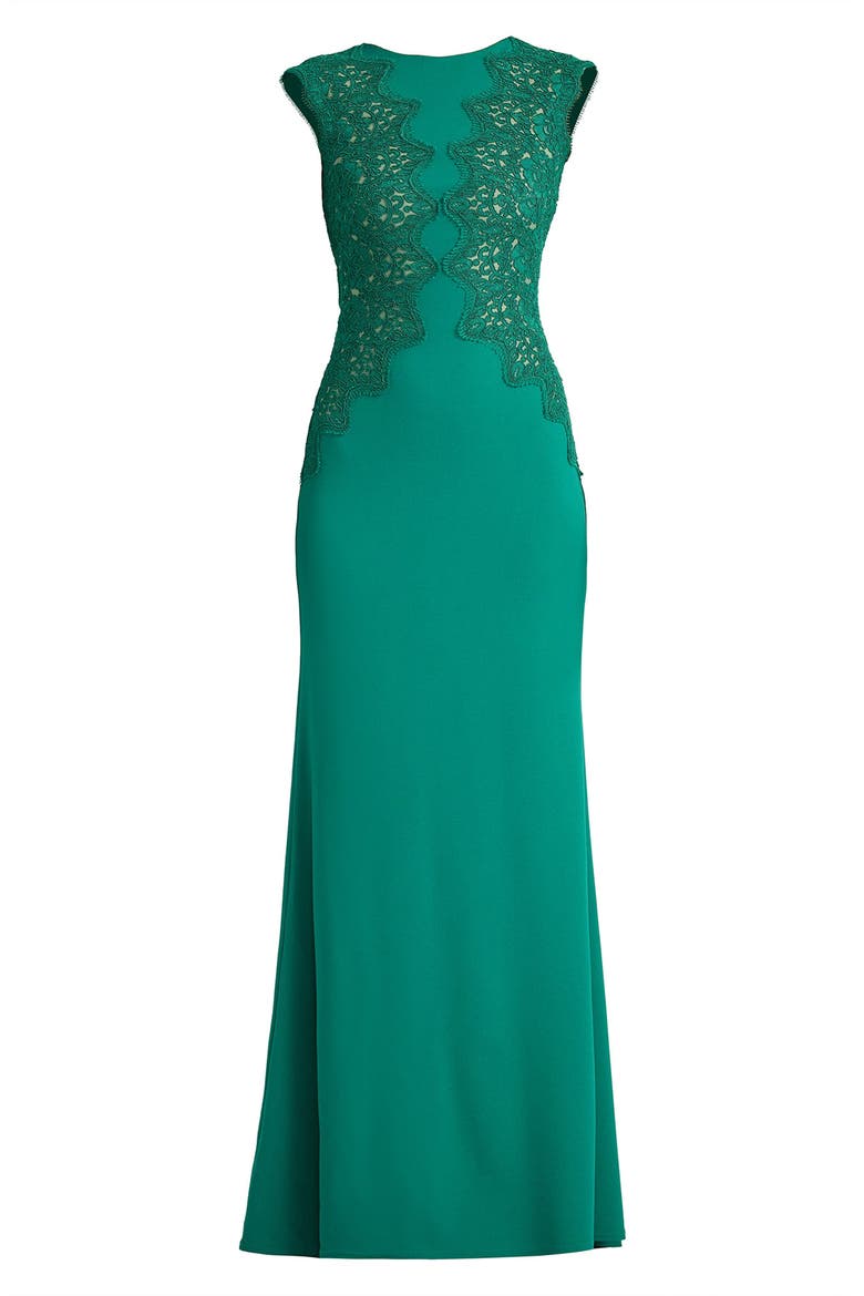 Embroidered Detail Crepe Body-Con Gown, Alternate, color, EMERALD