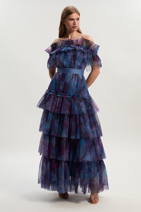 Floral Tulle Off Shoulder Maxi Dress