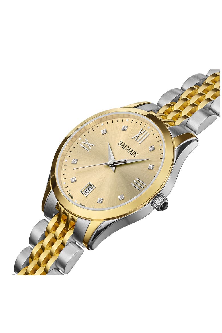 Classic R Diamond Bracelet Watch, 34mm, Alternate, color, STAINLESS STEEL AND YELLOW