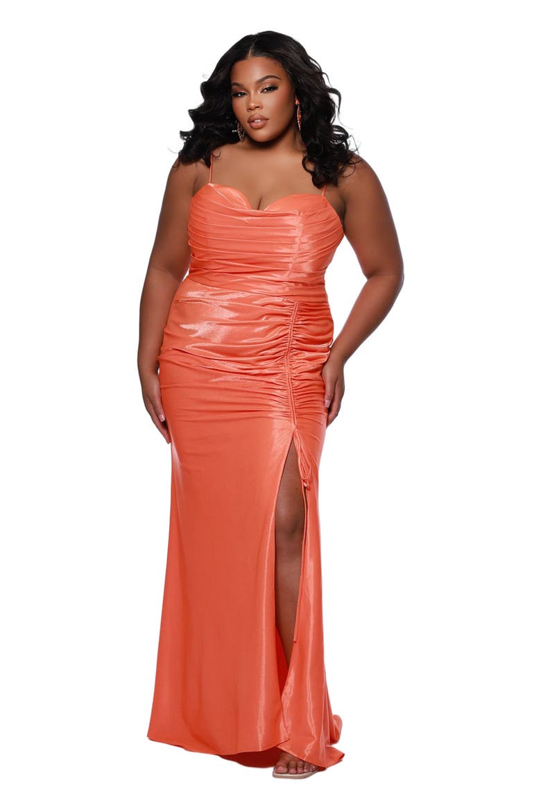 Sweetheart Neckline Ruched Slim Fitted Plus Size Gown, Main, color, Papaya