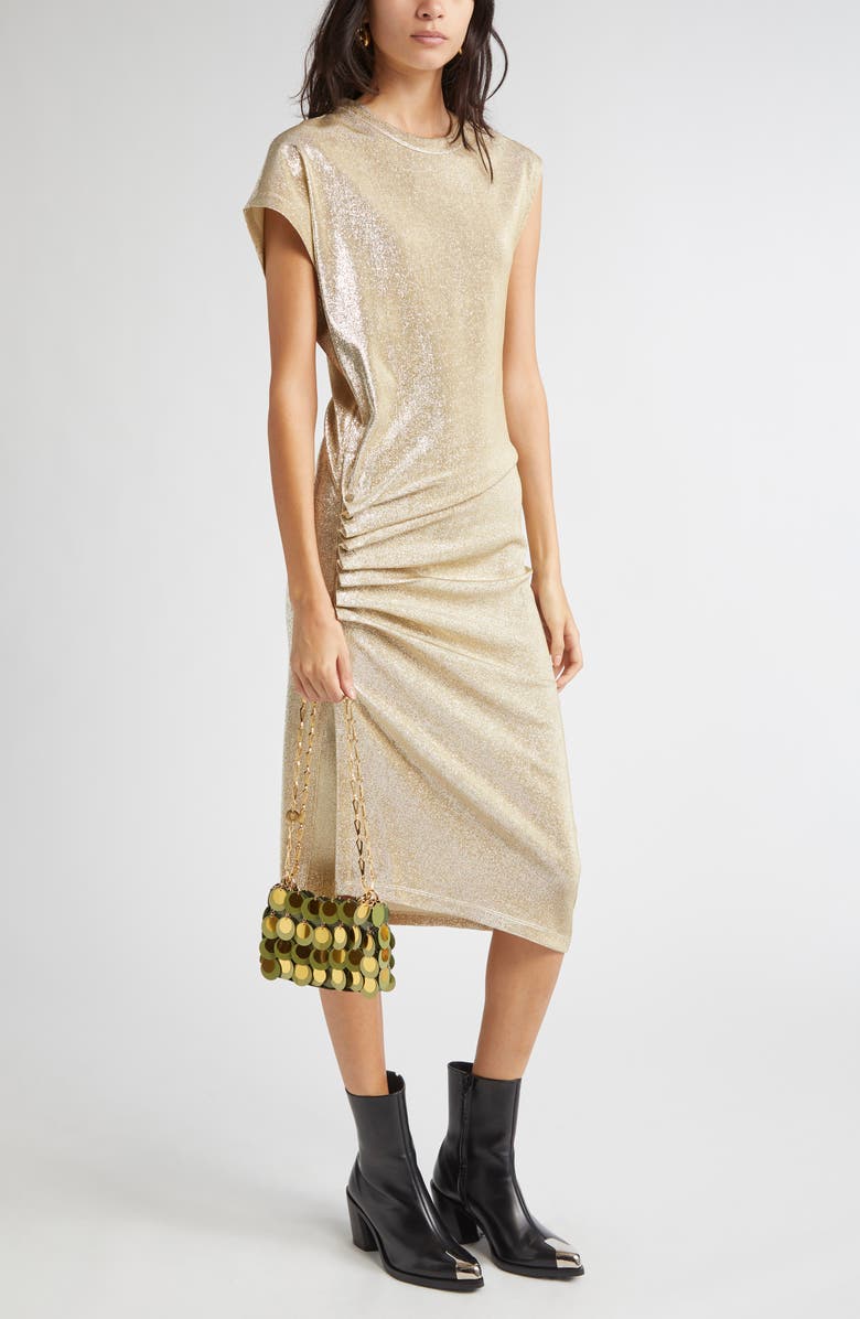 Rabanne Drapé Pression Metallic Knit Dress, Main, color, Silver / Gold