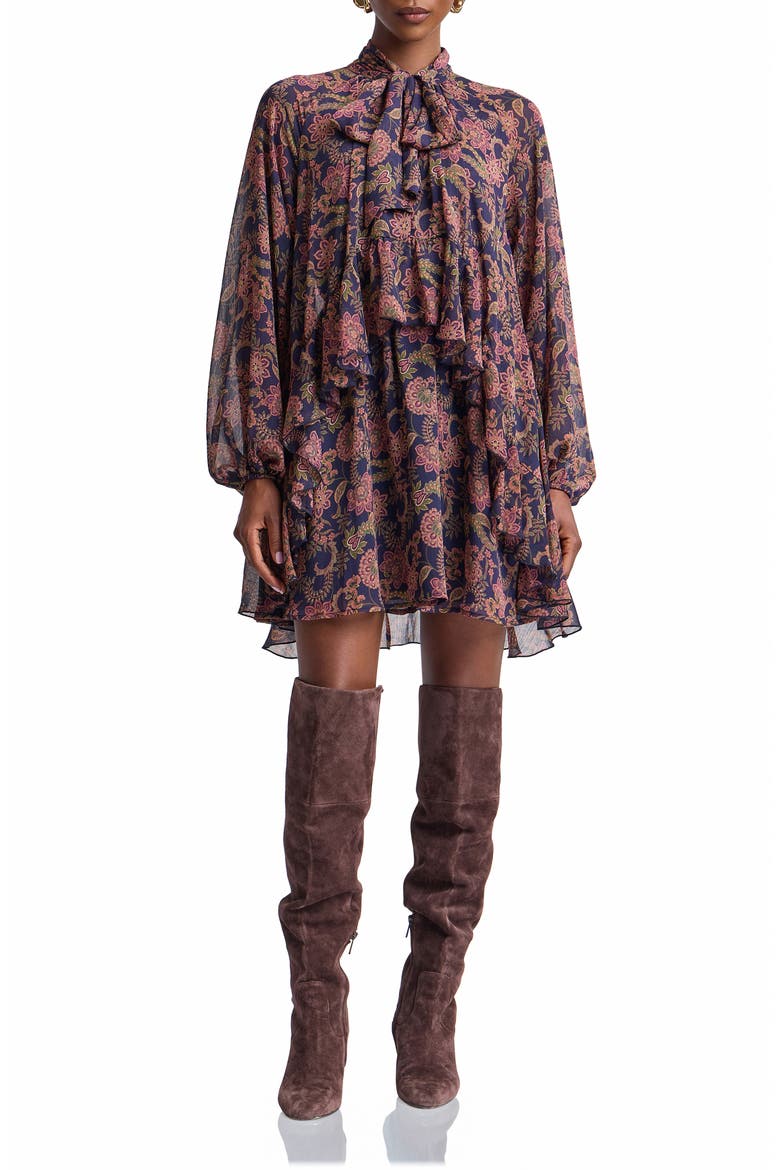 Paisley Print Long Sleeve Chiffon Tie Neck Dress, Main, color, NAVY PAISLEY GARDEN