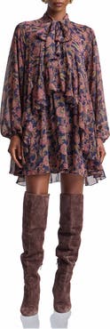 Avec Les Filles Paisley Print Long Sleeve Chiffon Tie Neck Dress