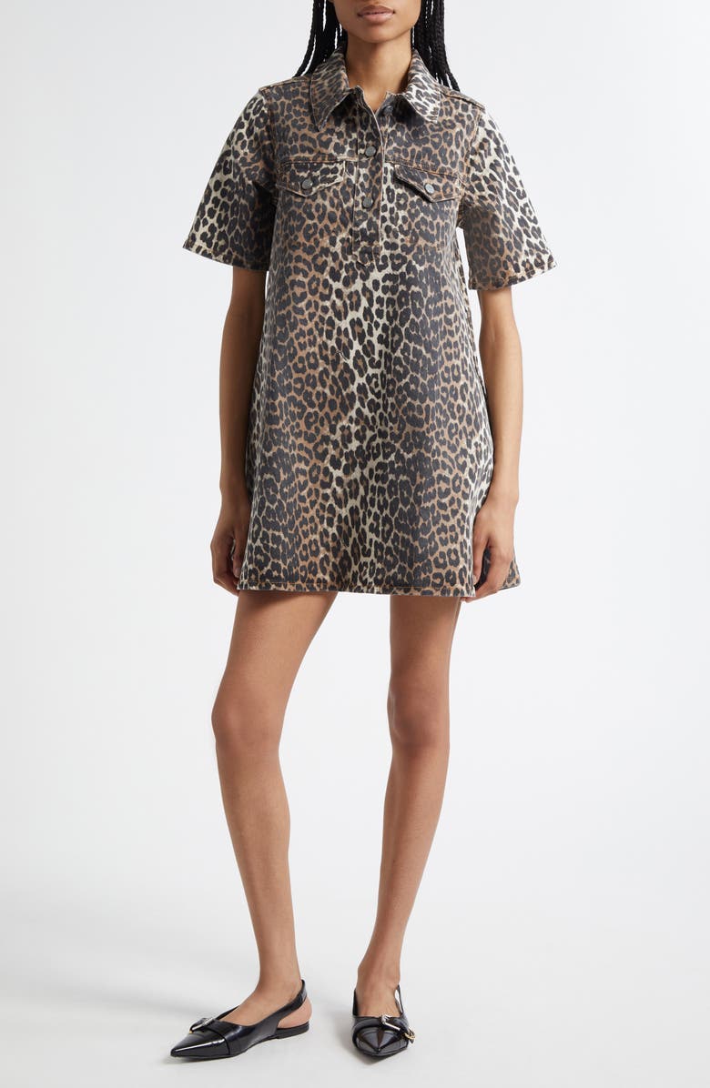 Ganni Leopard Stretch Organic Cotton Denim Minidress, Main, color, Leopard