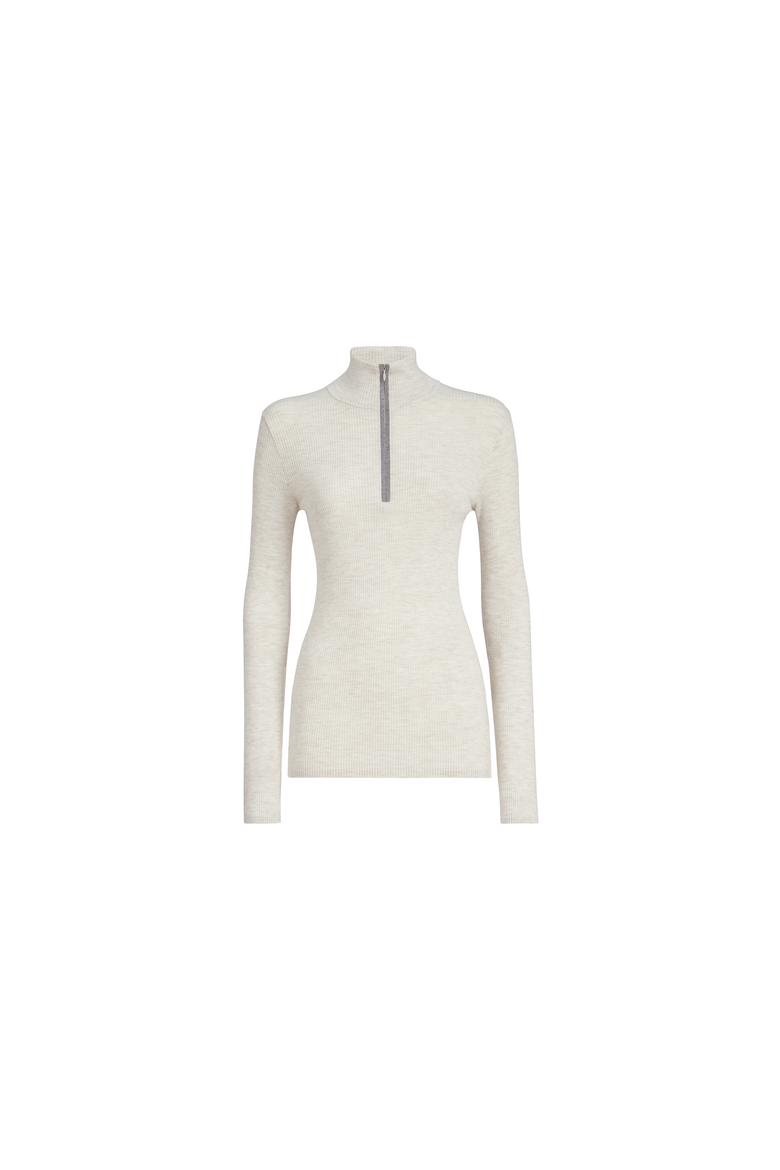 Virgin wool and cashmere lightweight ribbed turtleneck sweater with precious half zip, Alternate, color, Pearl Grey
