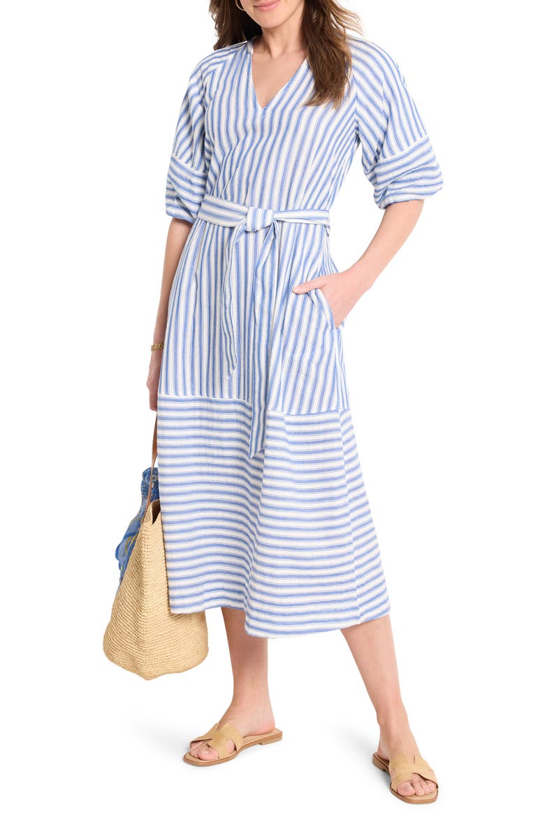Mixed Stripe Belted Double Gauze Midi Dress, Alternate, color, BLUE MULTI