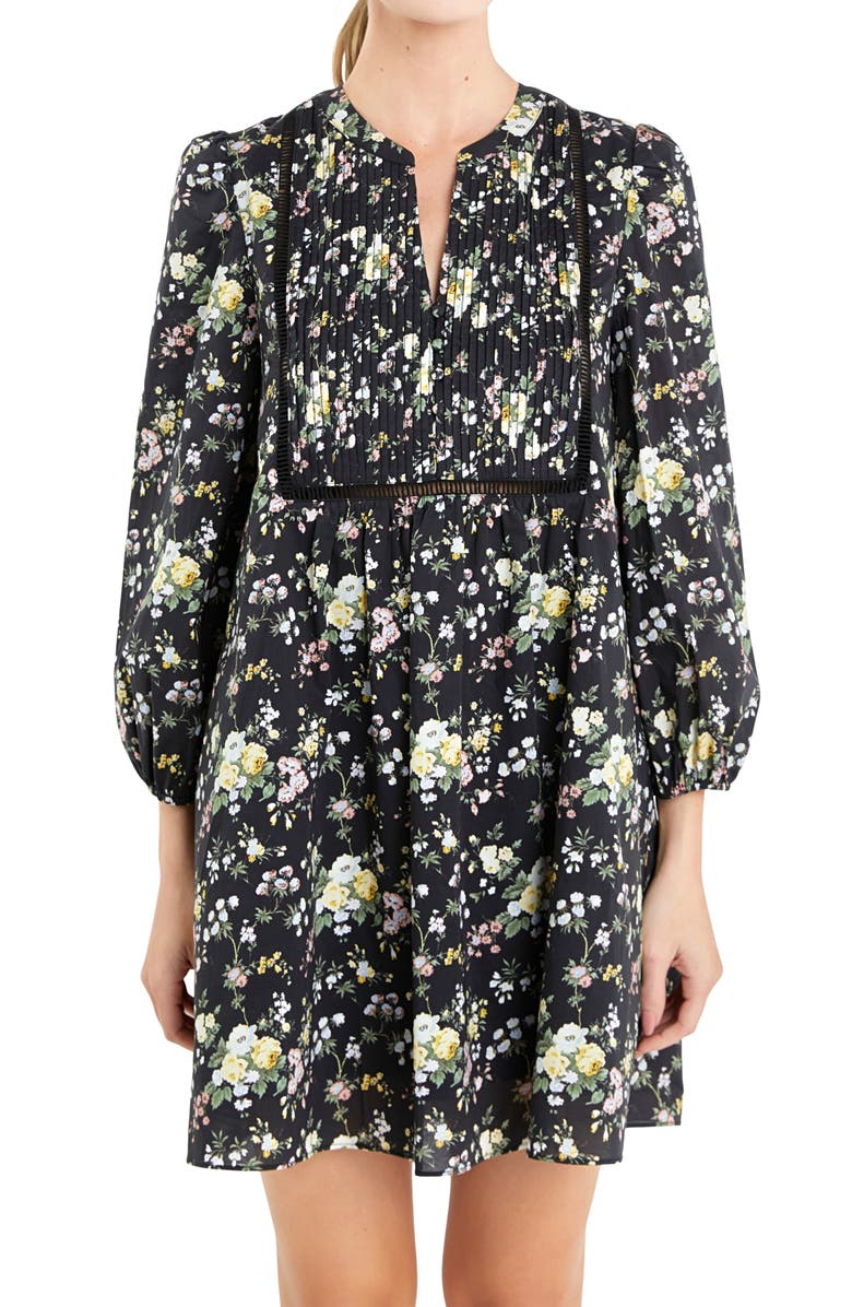 English Factory Floral Print Pintuck Minidress, Alternate, color, Black Multi