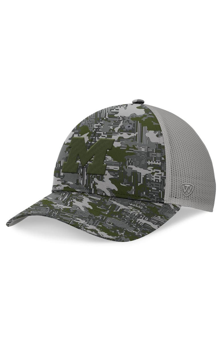 TOP OF THE WORLD Men's Top of the World Gray Michigan Wolverines OHT Military Appreciation Pledge Trucker Camo Adjustable Hat, Main, color, Gray