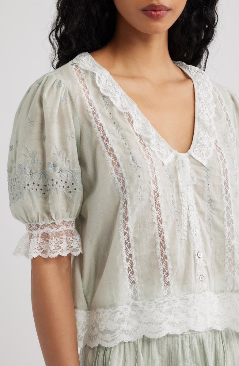 LoveShackFancy Maurelle Lace Trim Cotton Top, Alternate, color, Eau De Nil