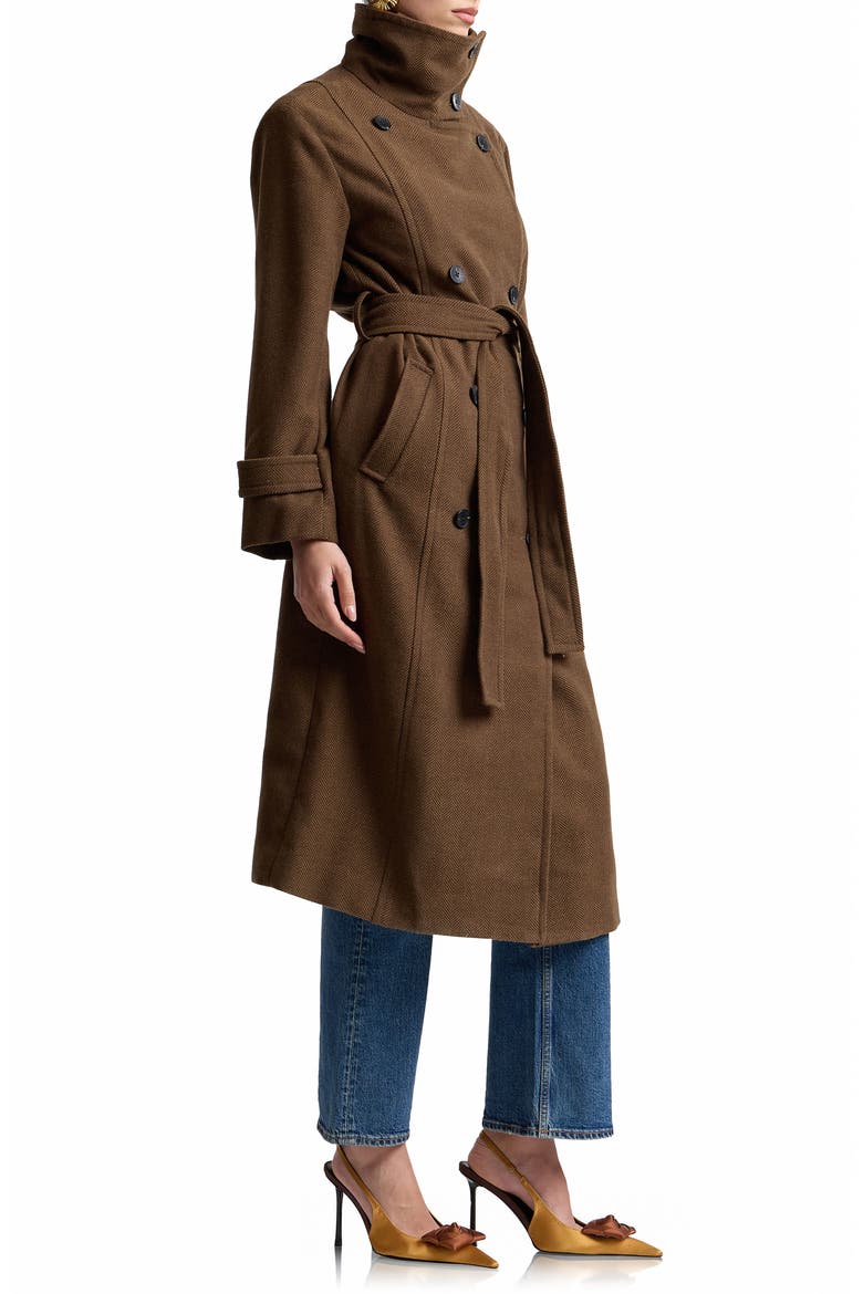 Belted Funnel Neck Herringbone Trench Coat, Alternate, color, TAWNY