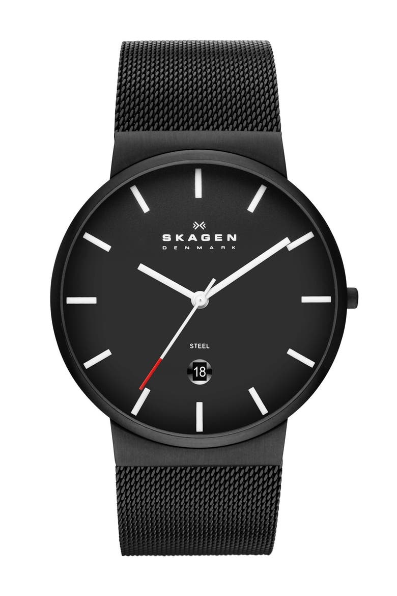 'Ancher' Round Mesh Strap Watch, 39mm, Main, color, BLACK