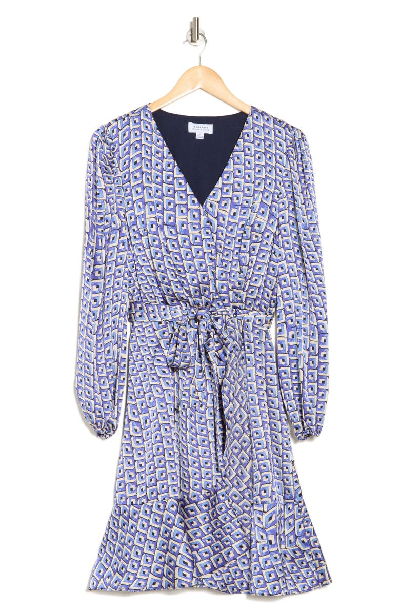 Tahari ASL Long Sleeve Satin Wrap Dress, Alternate, color, Denim Ivory