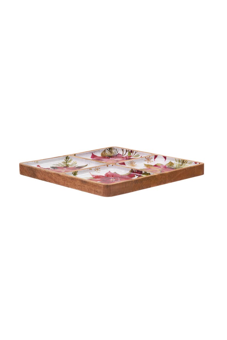 Poinsettias Handpainted Decorative  Mango Wood 4-Section Tray 12" x 12", Alternate, color, Red