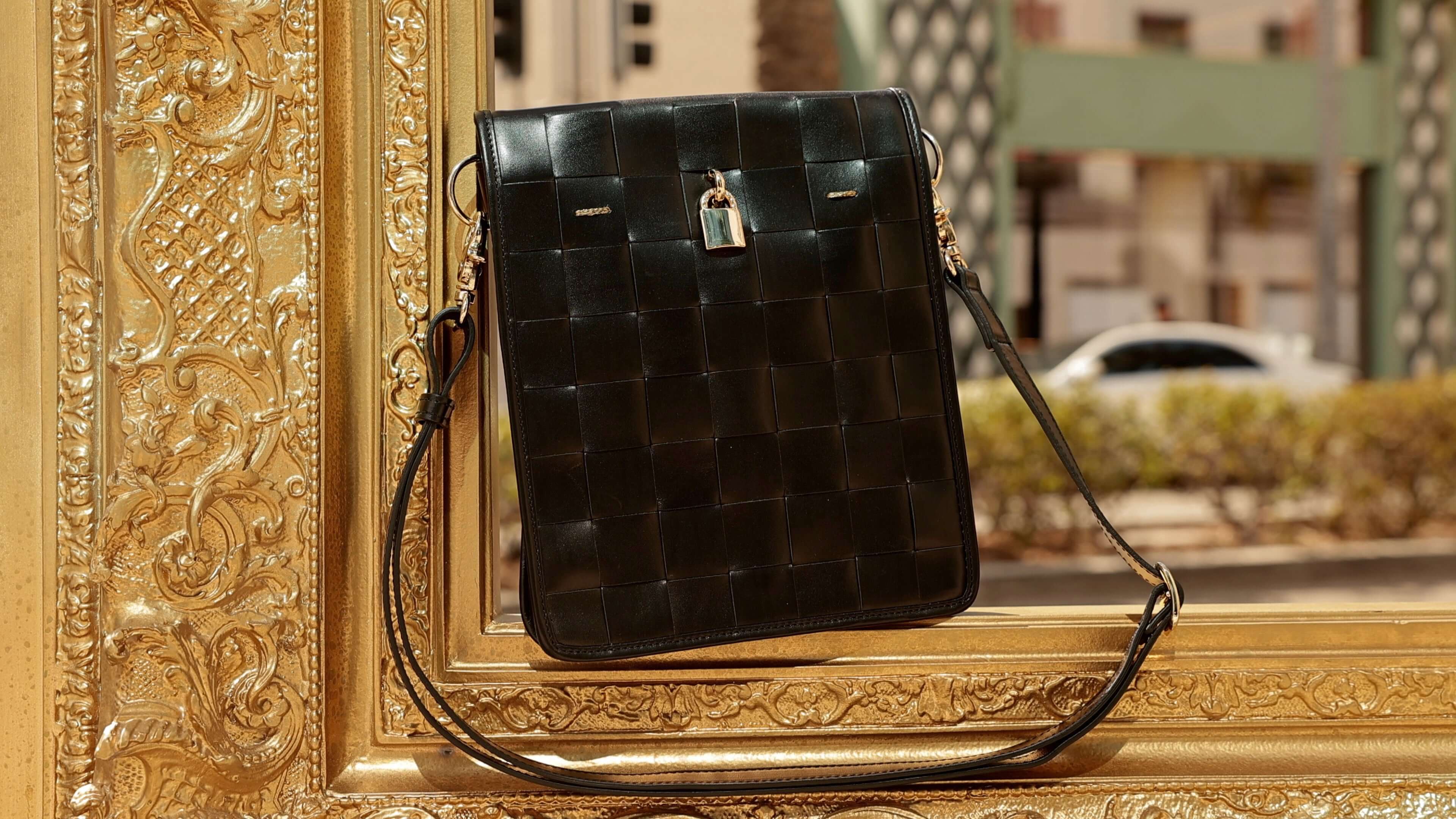 Madison Maison Woven Leather Lock Crossbody Bag, Alternate, color, Black