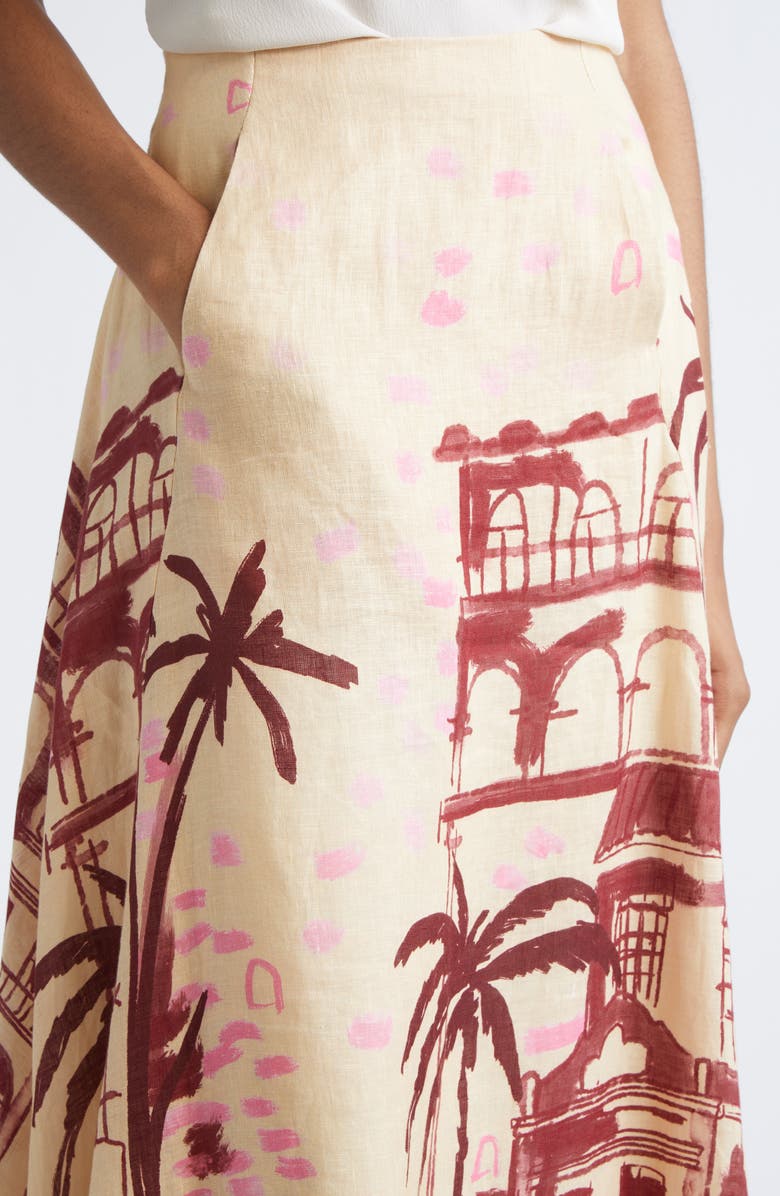 Johanna Ortiz Steps of Joy Tropical Print A-Line Linen Skirt, Alternate, color, Ecru / Wine