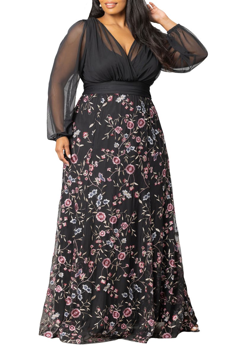 Isabella Embroidered Long Sleeve Gown, Alternate, color, MOONLIT GARDEN