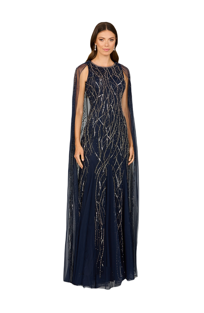 LARA New York Elegant Beaded Dress with Long Cape, Main, color, Navy