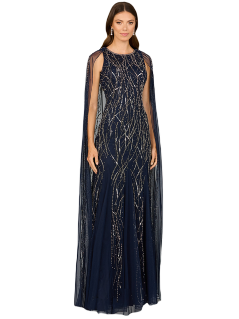 Elegant Beaded Dress with Long Cape