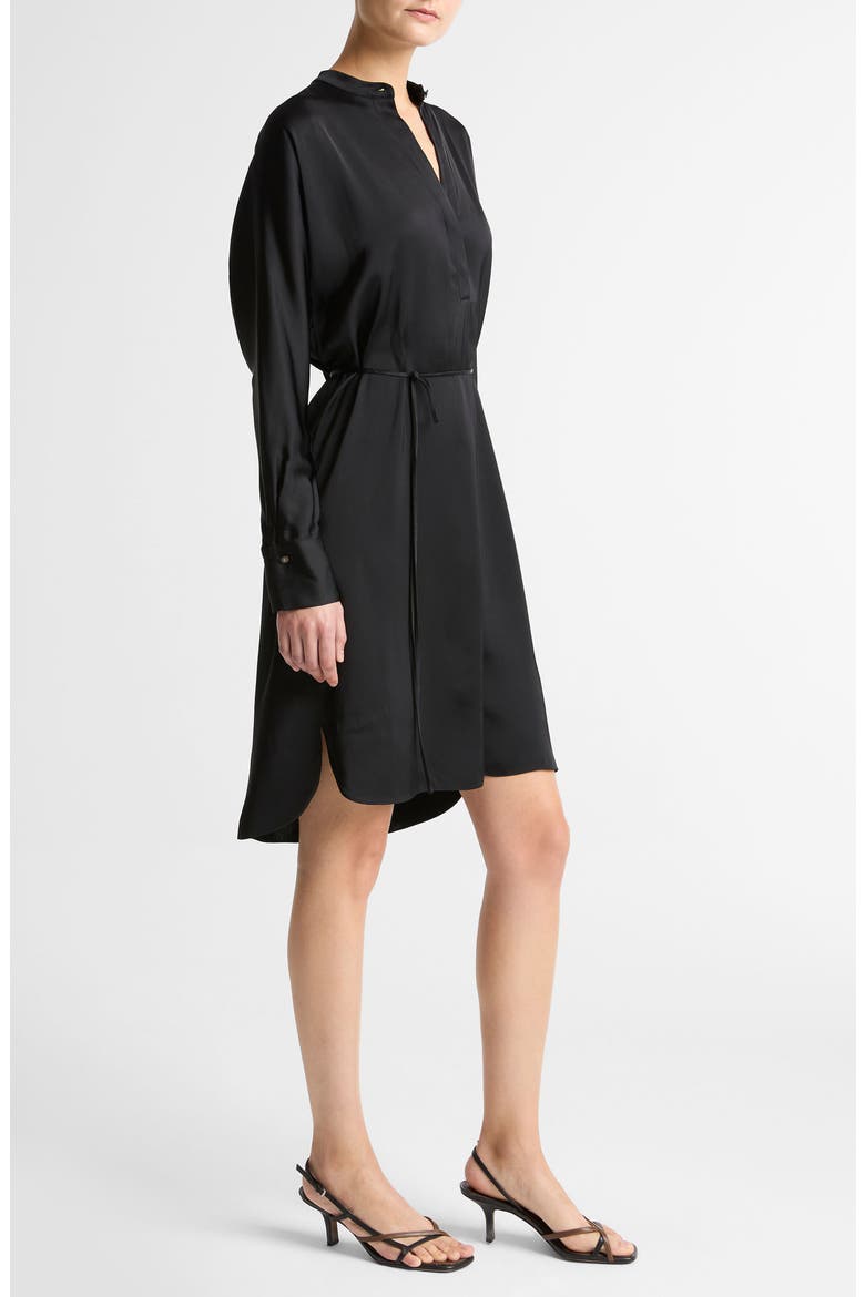 Band Collar Long Sleeve Satin Dress, Alternate, color, BLACK