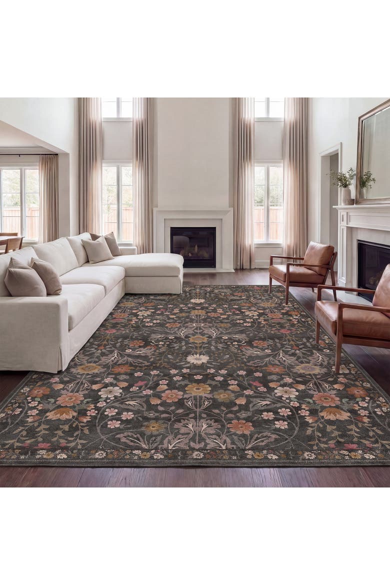 Primrose Art Nouveau Floral Border Non-Slip Machine-Washable Area Rug, Alternate, color, Taupe/Multi
