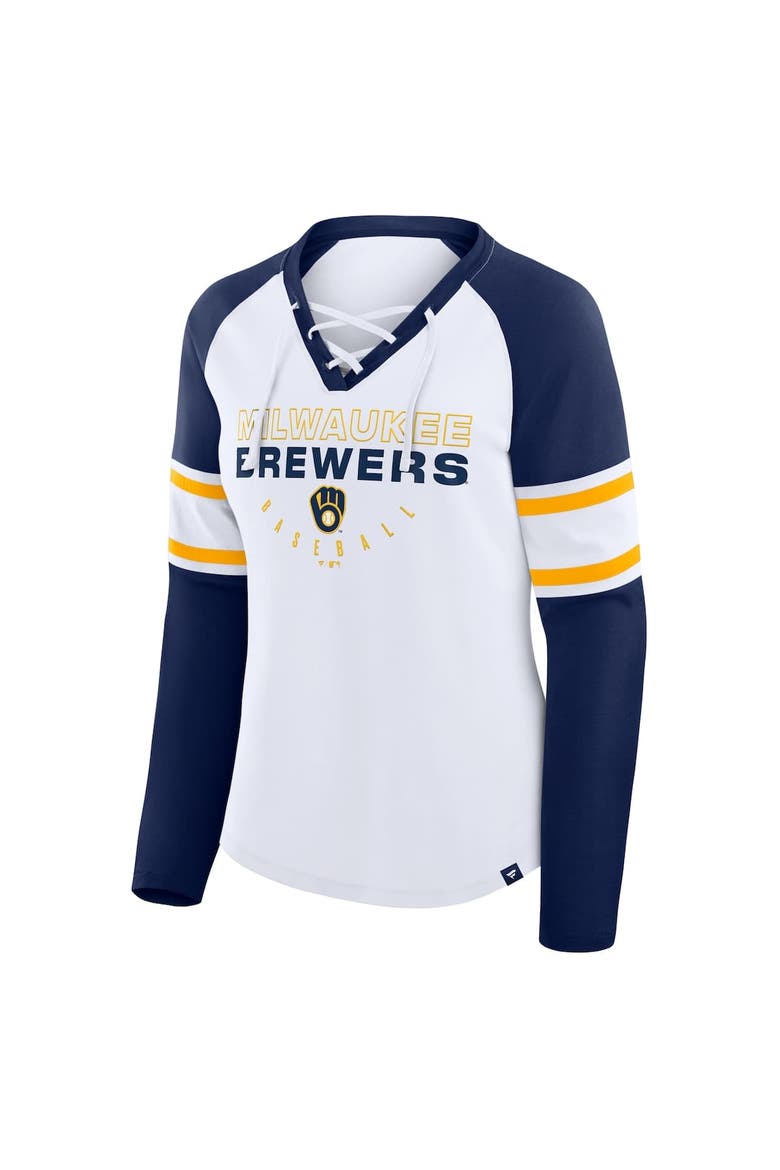Women's Fanatics White/Navy Milwaukee Brewers Blitz Package Raglan Lace-Up V-Neck Long Sleeve T-Shirt, Alternate, color, White