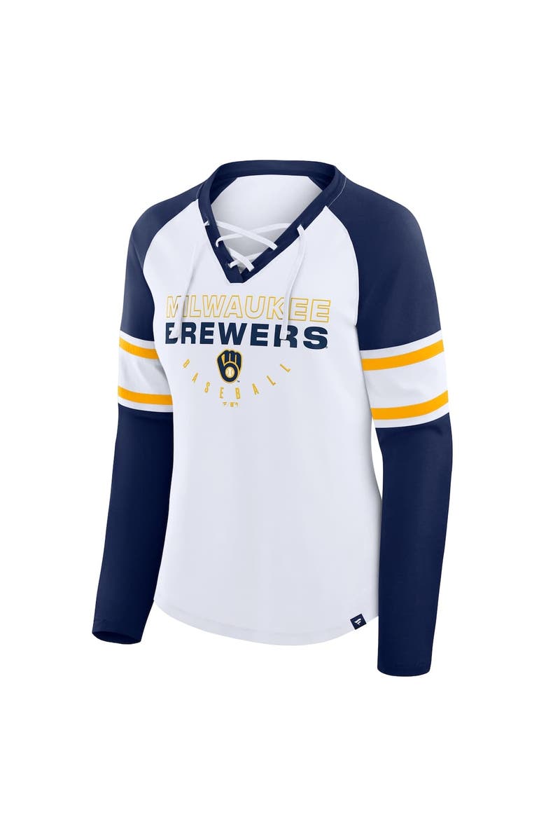 FANATICS Women's Fanatics White/Navy Milwaukee Brewers Blitz Package Raglan Lace-Up V-Neck Long Sleeve T-Shirt, Alternate, color, White