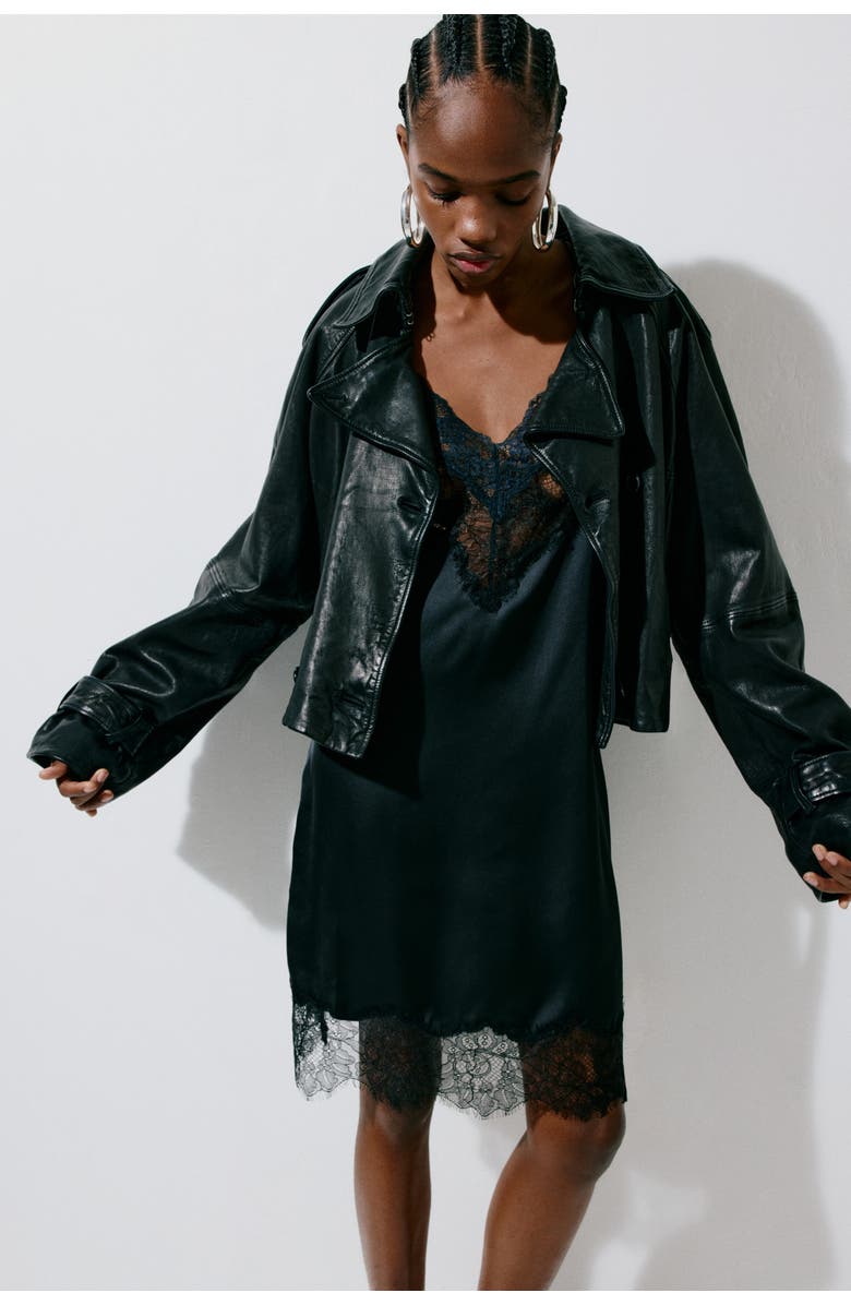 H&M Lace-trimmed Satin Dress, Alternate, color, Black