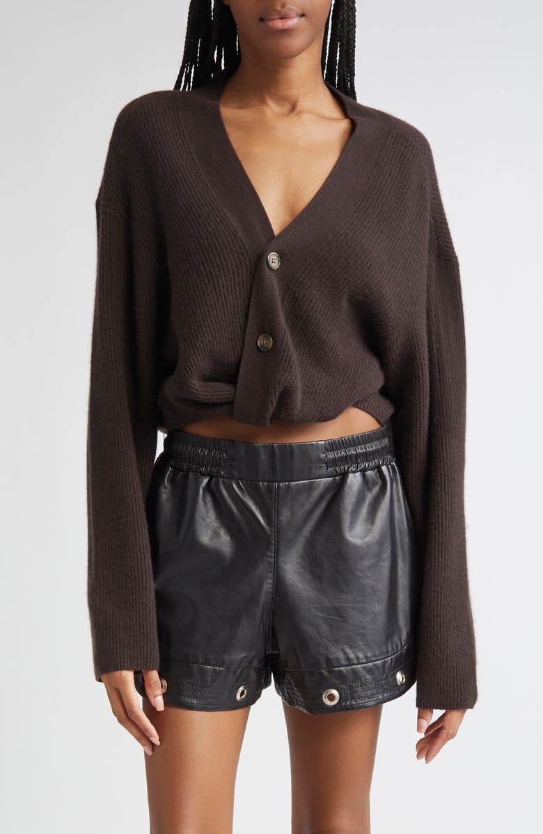 R13 Twisted Front Cashmere Rib Cardigan, Main, color, Dark Brown