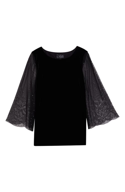 Alex Evenings Sheer Rhinestone Sleeve Velvet Blouse In Black