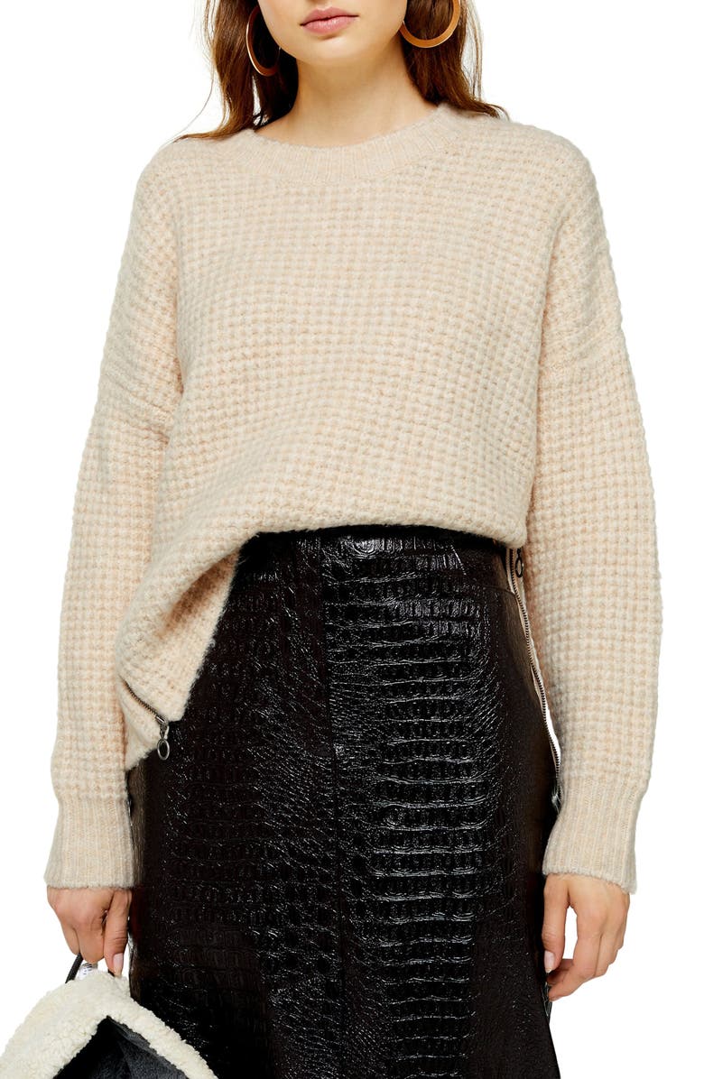 Topshop Zip Detail Waffle Knit Sweater, Main, color,