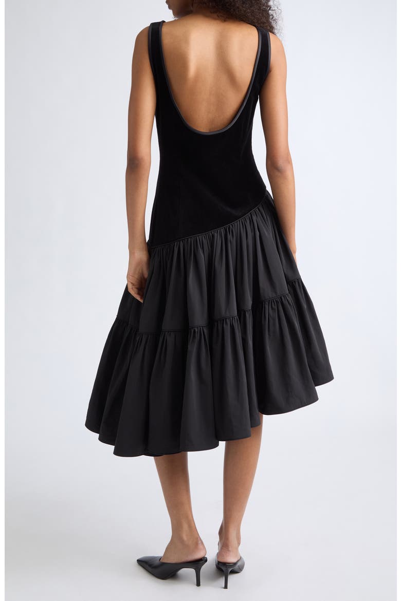 Dean Velvet & Silk Blend Taffeta Asymmetric Midi Dress, Alternate, color, BLACK