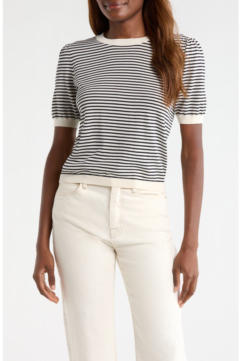 The Stripe Gather Crop Cotton & Modal Sweater, Main, color, CREAM MULTI