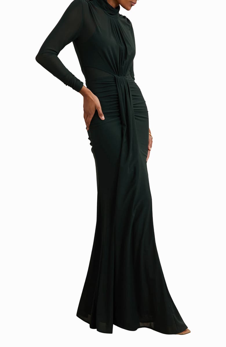 Reiss Danni Pleated Long Sleeve Mermaid Gown, Alternate, color, Dark Green