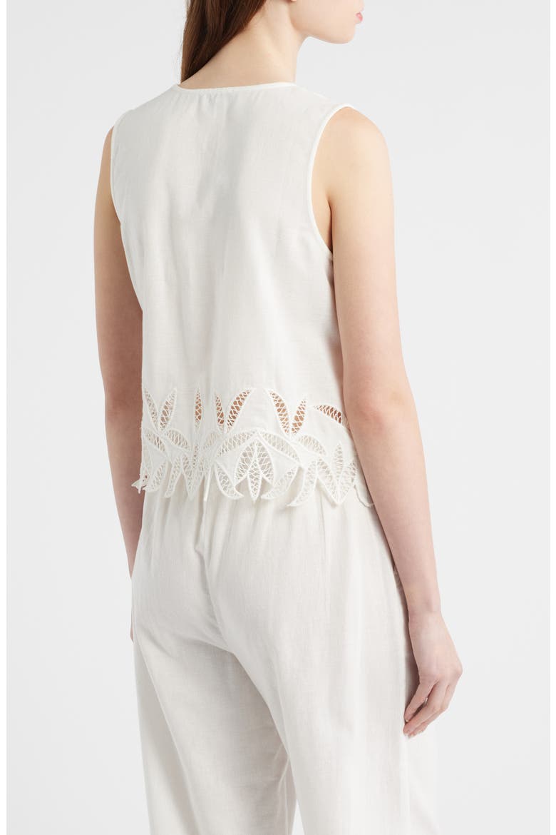 Oregon Embroidered Eyelet Sleeveless Cotton & Linen Tie Front Top, Alternate, color, WHITE PALM EMBROIDERY