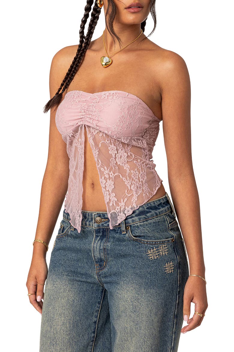 Twilight Strapless Lace Split Front Crop Top, Alternate, color, LIGHT-PINK