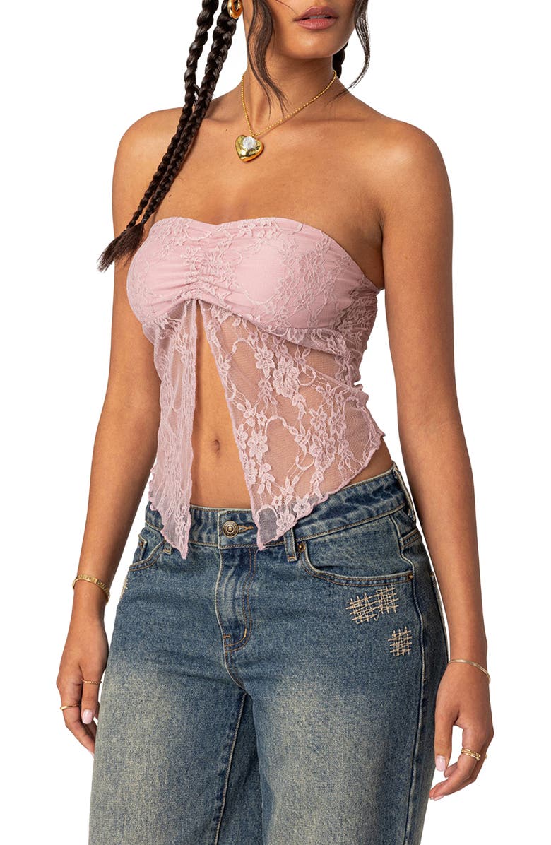 EDIKTED Twilight Strapless Lace Split Front Crop Top, Alternate, color, Light-Pink