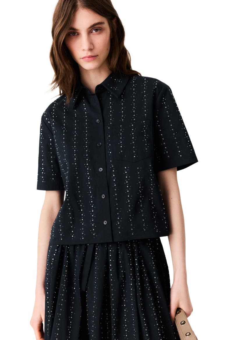 Cropped rhinestone cotton shirt, Alternate, color, Navy