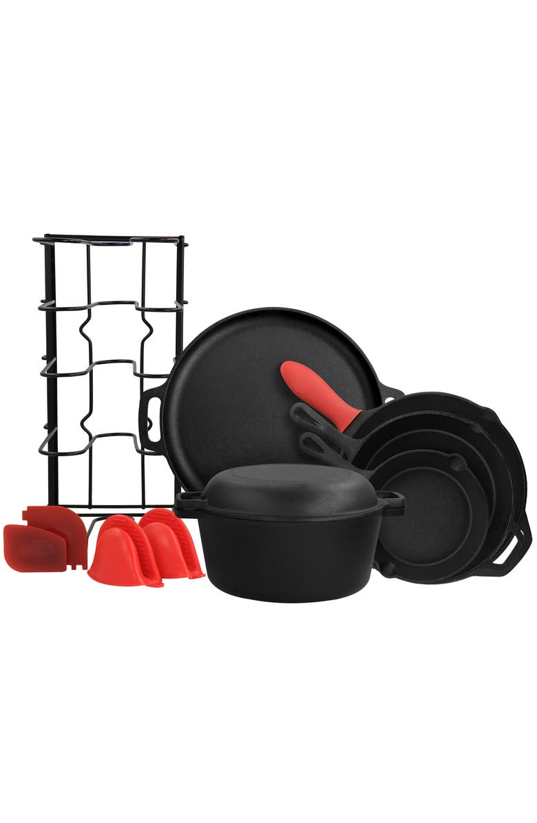 Megachef 12 Piece Round PreSeasoned Cast Iron Cookware Set, Main, color, Black