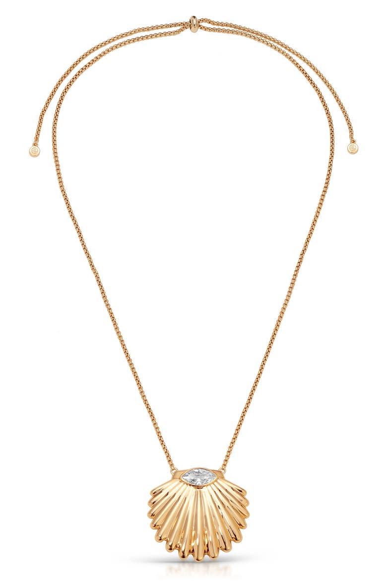 Cubic Zirconia Scalloped Shell Pendant Necklace, Alternate, color, GOLD