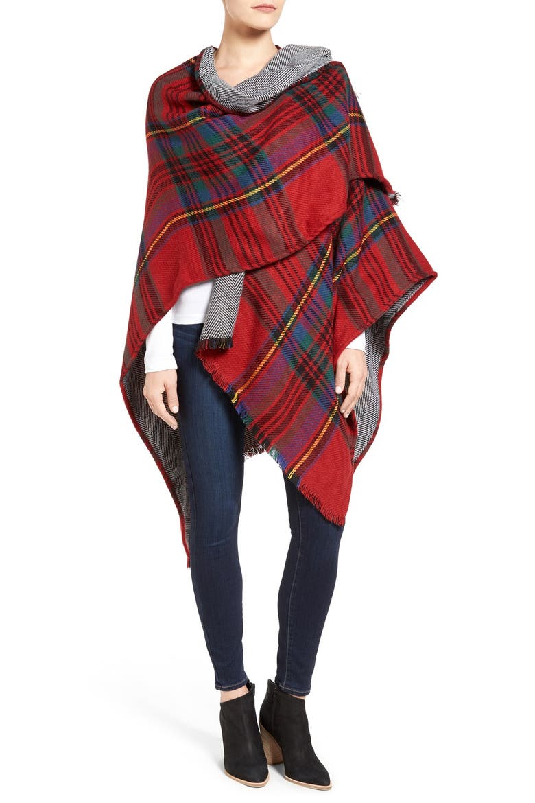Reversible Plaid & Herringbone Cape, Alternate, color, RED