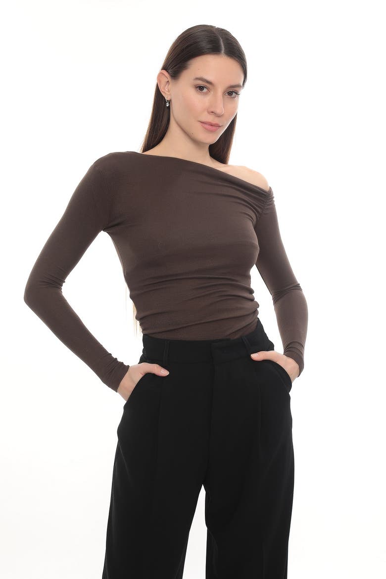 Lune Asymmetric Off-Shoulder Long Sleeve Stretch Top, Main, color, Brown