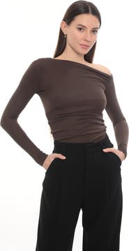 Monlicia Lune Asymmetric Off-Shoulder Long Sleeve Stretch Top