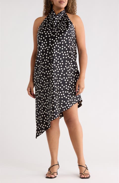 Polka Dot Asymmetric Hem Satin Halter Dress (Plus)