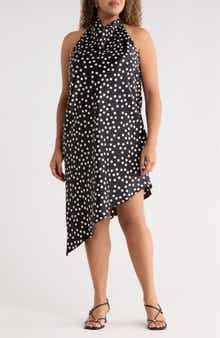 Renee C Polka Dot Asymmetric Hem Satin Halter Dress